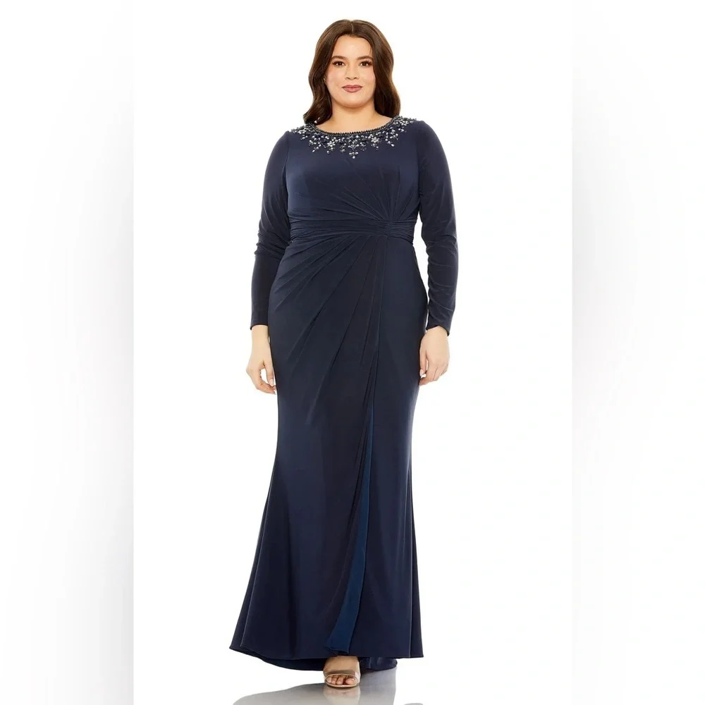 Mac Duggal Dazzling Crew Neckline A-line Dress maxi‎ embellishment Navy Sz 6 - Picture 2 of 12